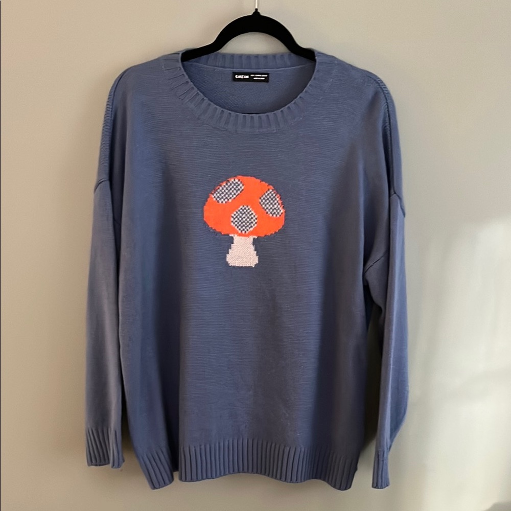 Blue Sweater with Mushroom Design